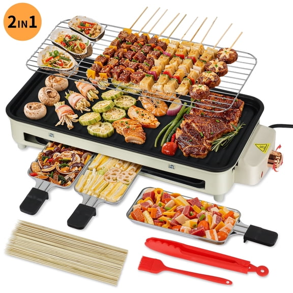 Ocalpur 1500W Electric Indoor Grill & Griddle, 2-In-1 Smokeless Nonstick Grill with 3 Removable Trays, Temperature Control Griddle for Home BBQ, Dishwasher Safe