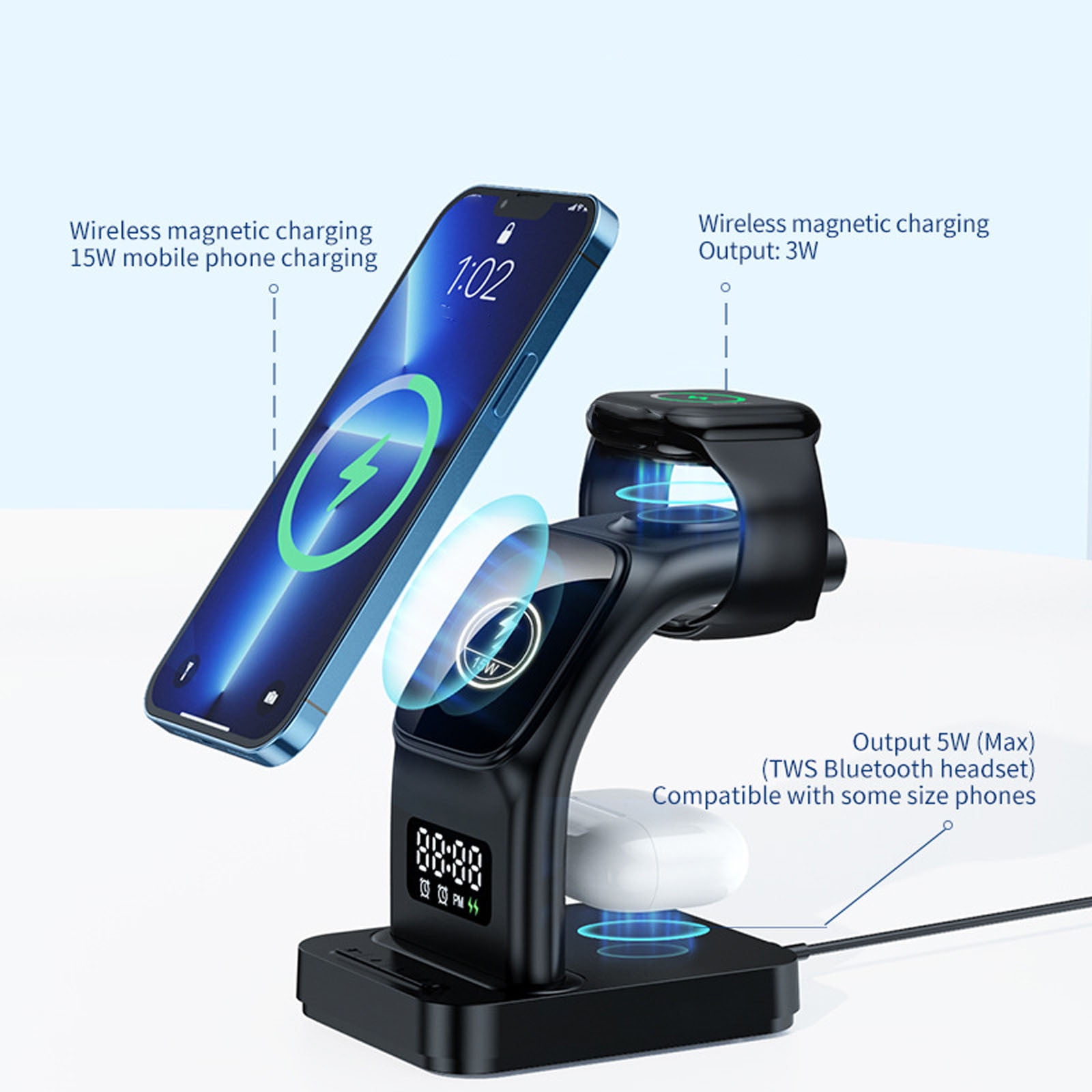 Mgaxud Multifunctional Wireless Charger Stand with LED Alarm Clock - 3 in 1 Charger for Phone, Watch, and Headset, Compatible with Most Smartphones