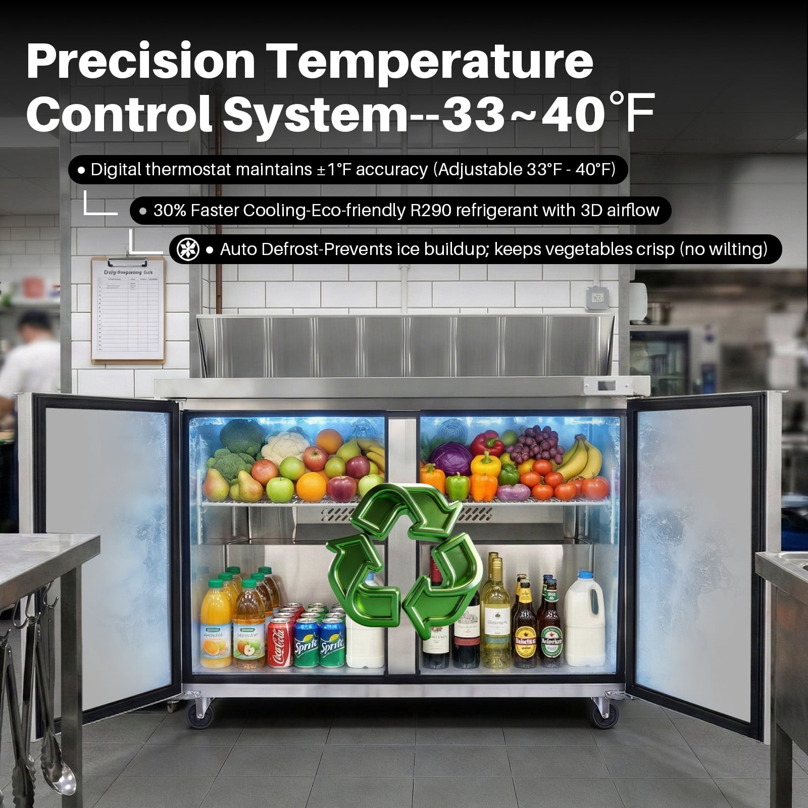 60" W Commercial Sandwich Salad Prep Table Refrigerator for Restaurant Bar Shop, Stainless Steel Sandwich Prep Table with 16 Pans, 18 Cu.Ft Capacity, Auto Defrost, Digital Temp Control, Low Noise
