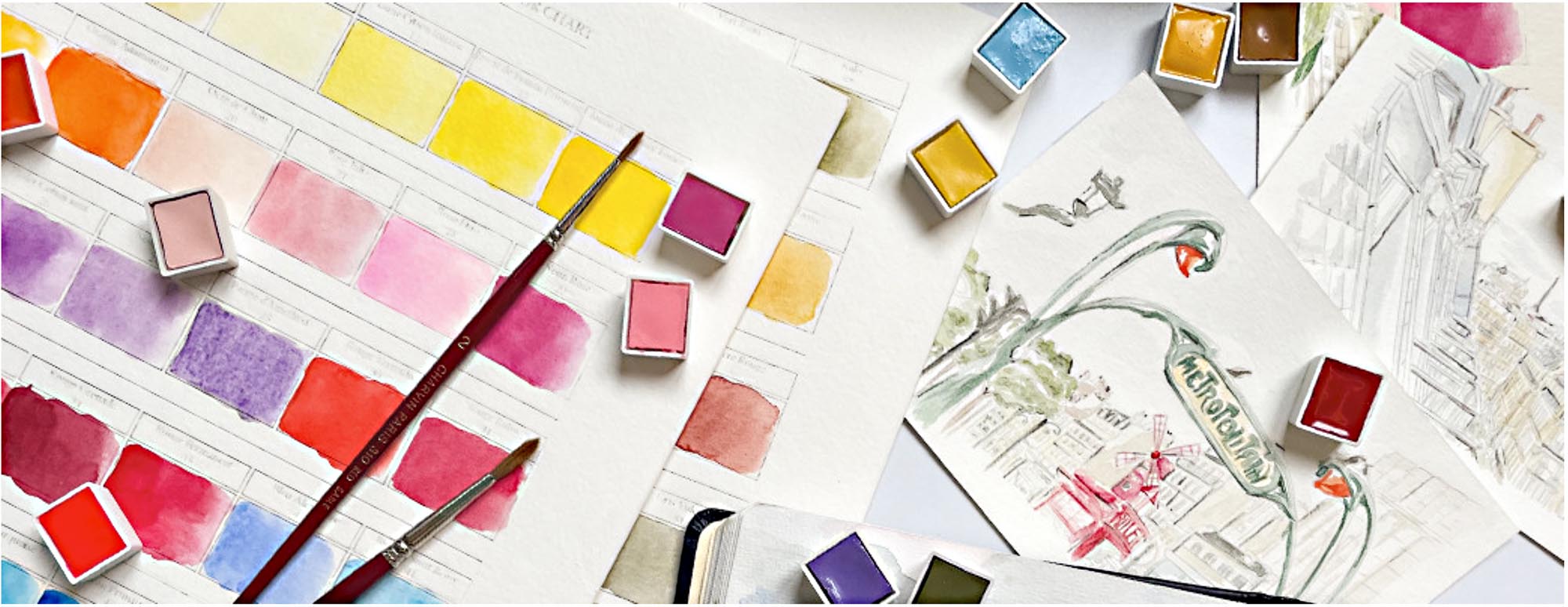 Charvin Extra-Fine Watercolor Pan Set, Primary  - Handmade Box Set of 12 Half-Pans - Professional Watercolor Paint Set, Made in France, Smooth Shellac-Like Finish, Glossy & Highly Transparent Pigment