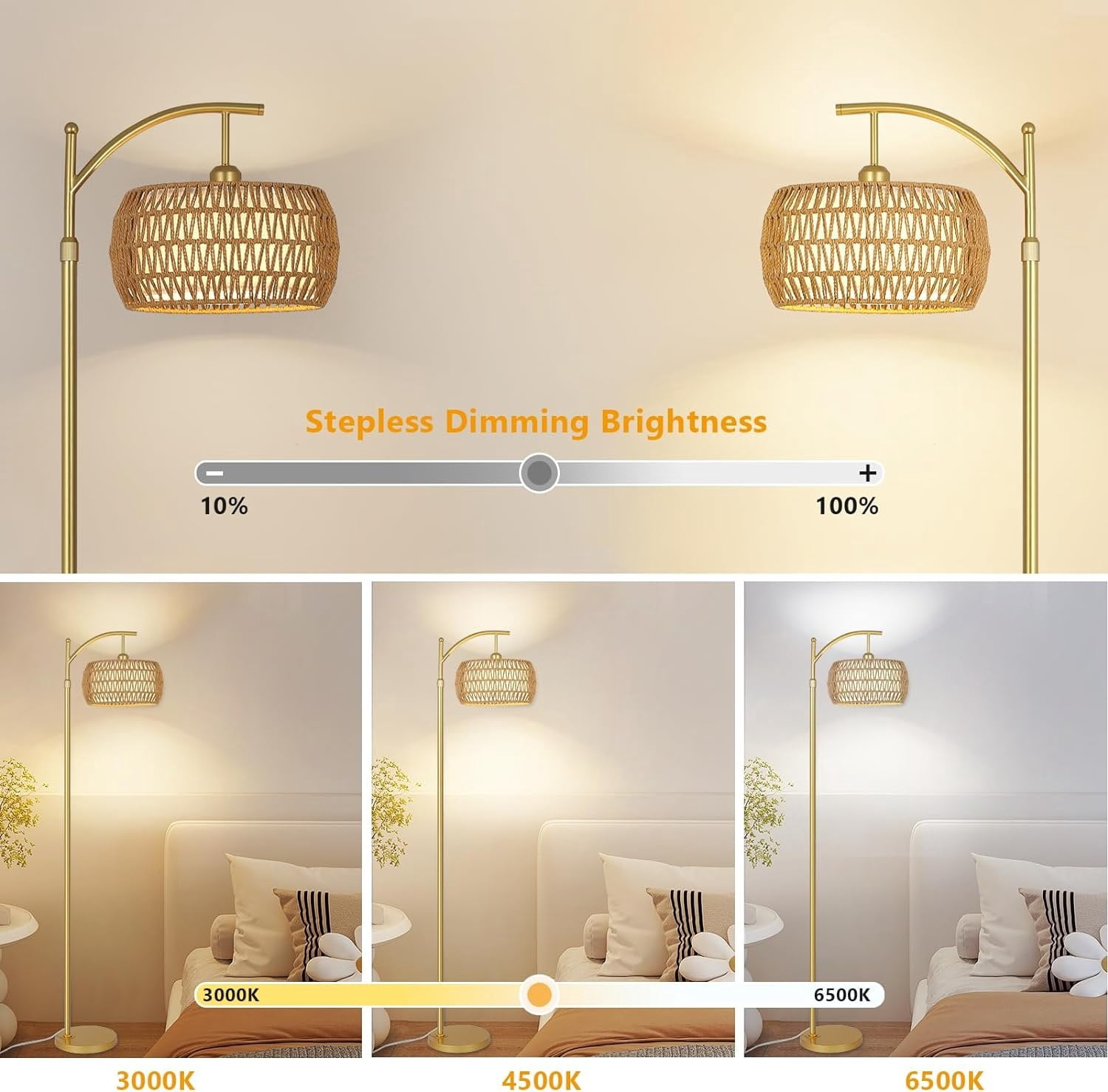 Arc Floor Lamp with Rattan Shade, LED Standing Lamp with Remote, Dimmable, Adjustable