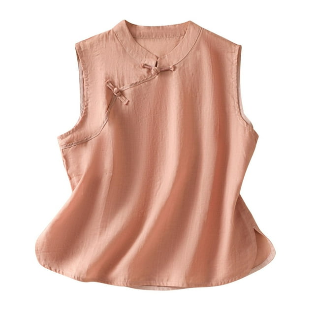 Vestidos Casuales Para Mujer, Blusas De Mujer De Moda Camiseta sin mangas con cuello alto y botones de lino sintético para mujer, color liso