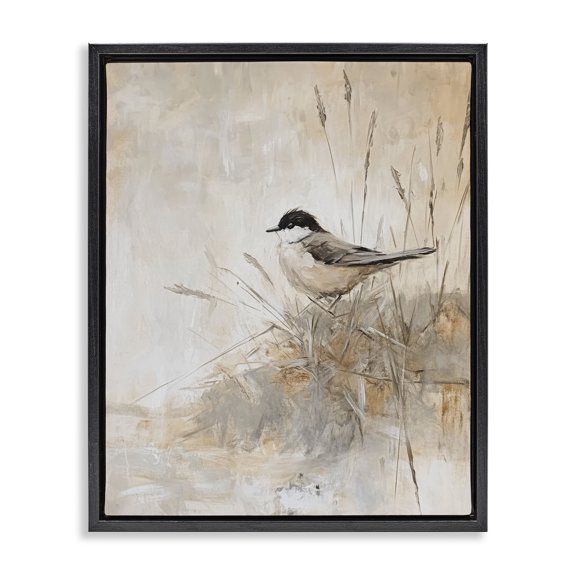 Stupell Industries Farmhouse Neutral Hued Chickadee Black Floating Frame Canvas Art, 17 x 21, by Petals Prints Design