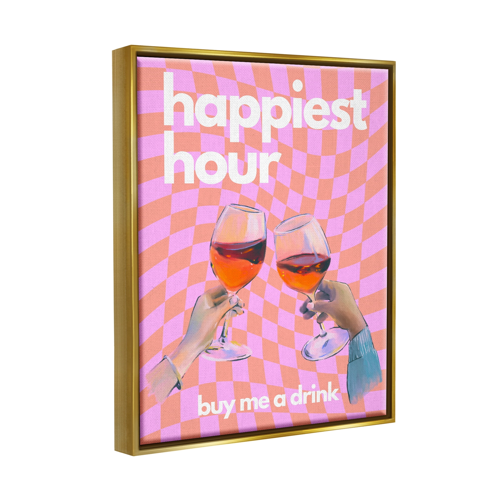 Stupell Industries Groovy Happiest Hour Food & Beverage Painting Gold Floater Framed Canvas Art Print Wall Art, 25 x 31