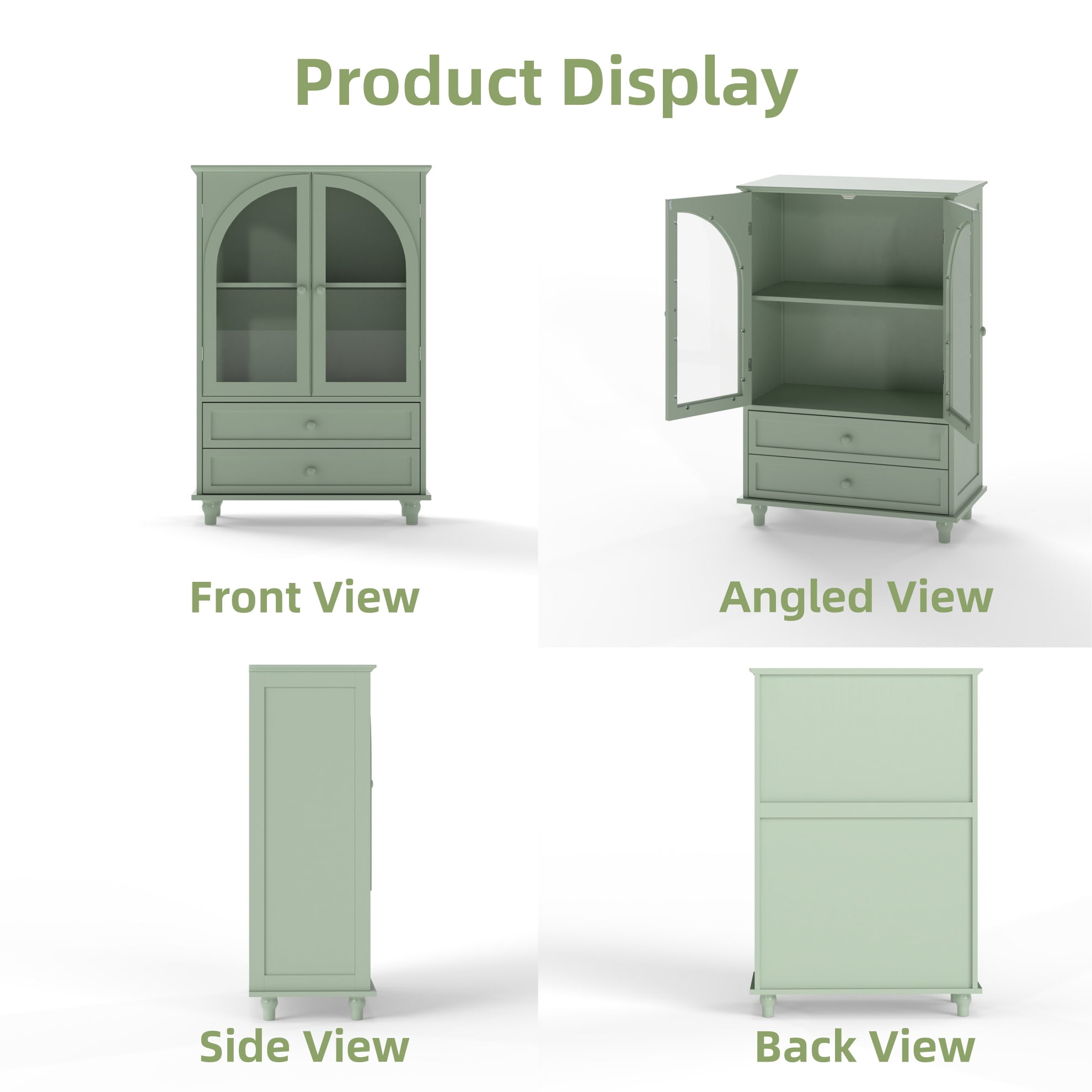 Aukfa Buffet Pantry Cabinet,Arched Glass Door Wood Sideboard Storage Cabinet for Dining Room Hallway Entryway,Green