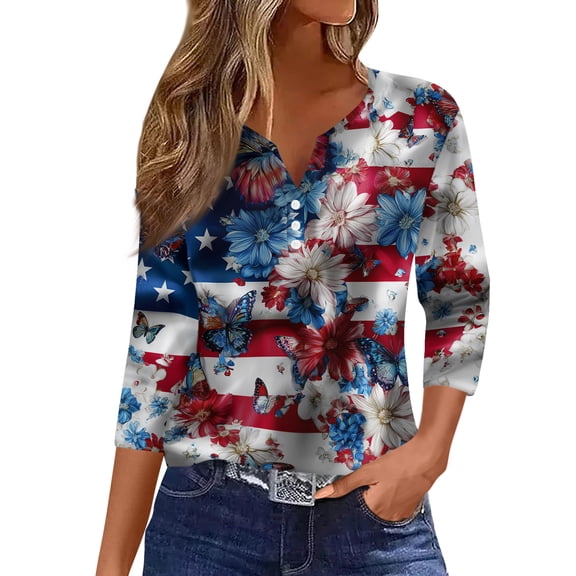 KDDYLITQ 250th Anniversary Shirts Womens 250th Anniversary Printed 3/4 Sleeve Red White Blue Tops Flag Button V Neck Vintage T-Shirts Causal Soft Tees White XL