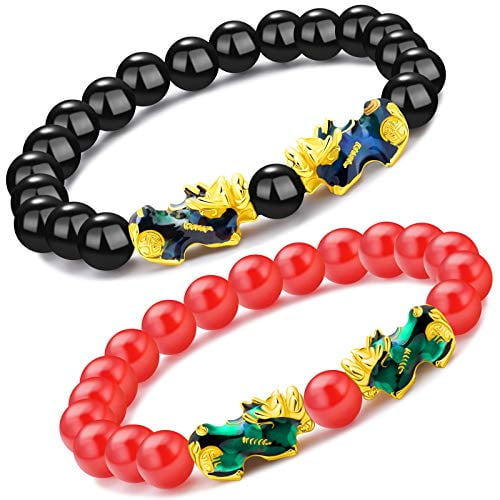 2 Pcs Feng Shui Black Obsidian Wealth Bracelet 8mm Bead Bracelets with Double Color Changed Pi Xiu for Boys Girls Attract Wealth and Good Luck