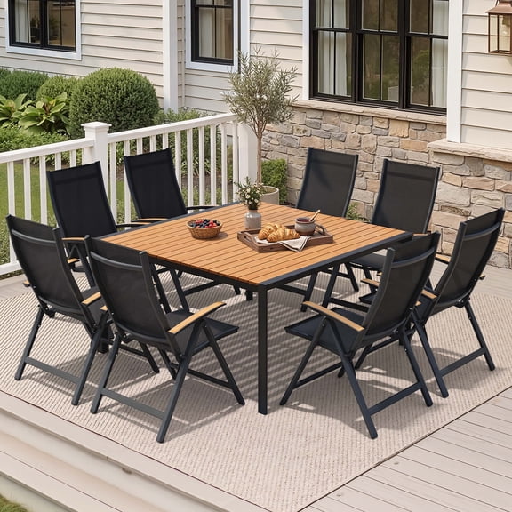 Crestlive Products 9-Piece Patio Dining Set, 56in Aluminum Square Outdoor Table with Reclier Chairs for Garden Backyard Porch, Brown
