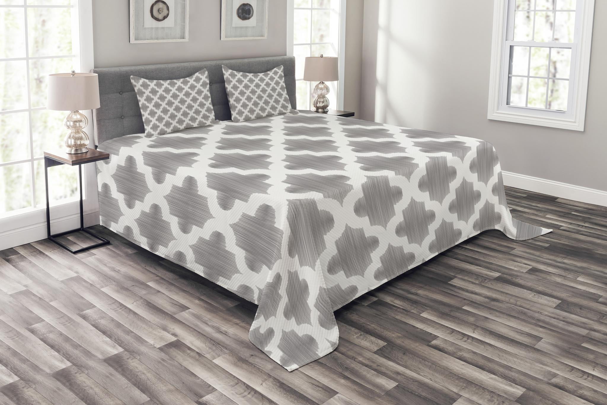 Grey and White Bedspread Set King Size, Damask Geometric Middle Eastern