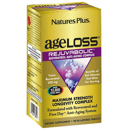 Natures Plus AgeLoss® REJUVABOLIC Resveratrol Complexe Anti-âge Comprimés bicouches 60 Vcaps. Sans gluten. Végétarien.
