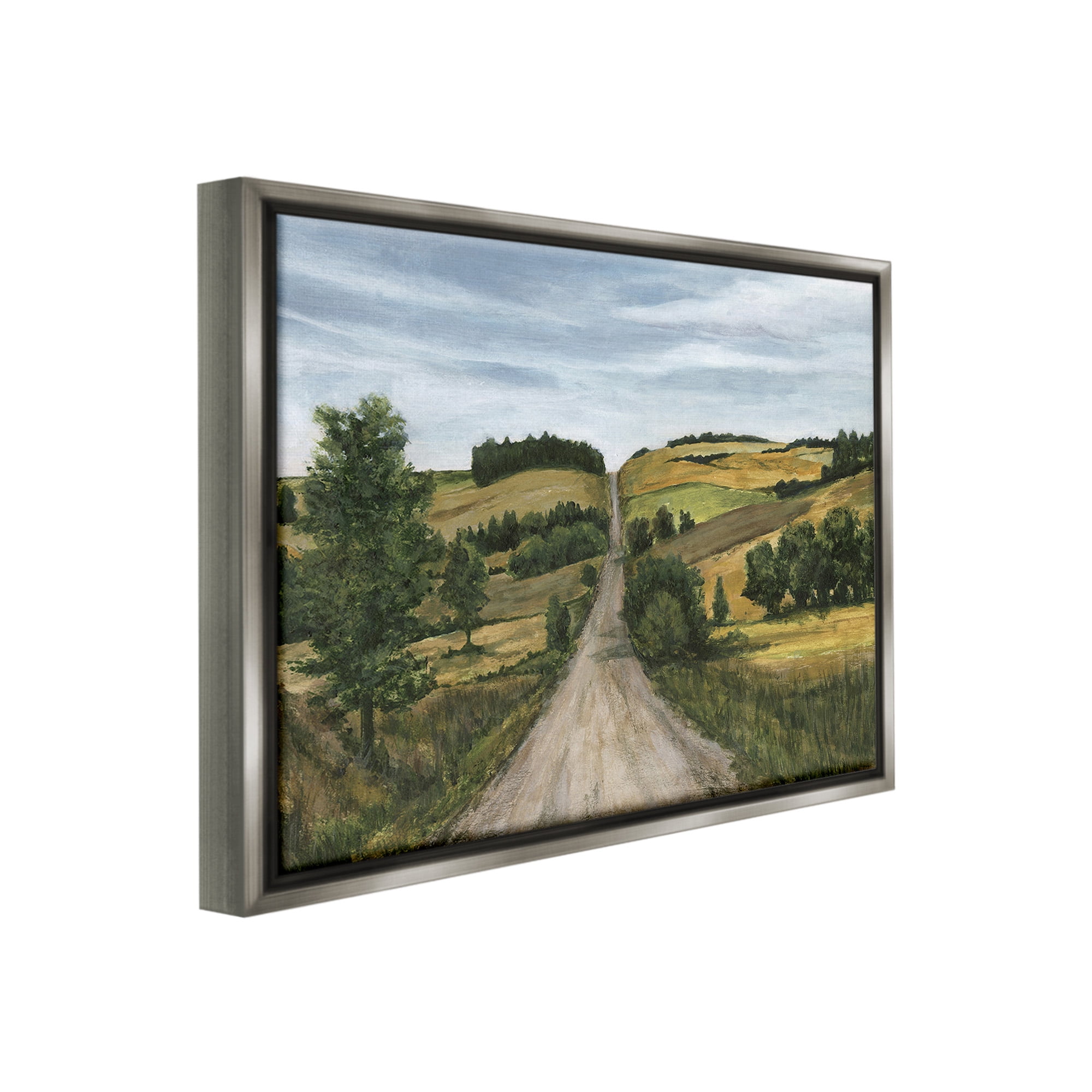 Stupell Industries Receding Country Path Landscape Painting Gray Floater Framed Canvas Art Print Wall Art, 21 x 17