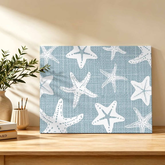 Summer Blue Starfish Canvas Wall Art, Rustic Vintage Nautical Beach Marine Life Wall Art Prints Artwork Framed Canvas Ready to Hang Art Pictures for Bathroom Bedroom Entry Desk Corner 10" x 8"
