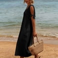 thumbnail image 4 of Dvprdro Crewneck Short Sleeve Cotton Linen Midi Dress for Women Side Pockets Loose A Line Summer Vacation Casual Solid, 4 of 7