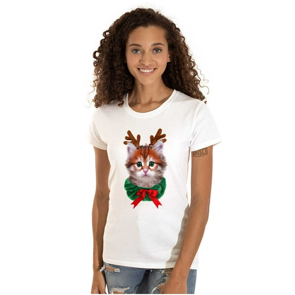 Christmas Reindeer Kitten Adorable Womens Slim Fit Graphic Tee Brisco Brands S