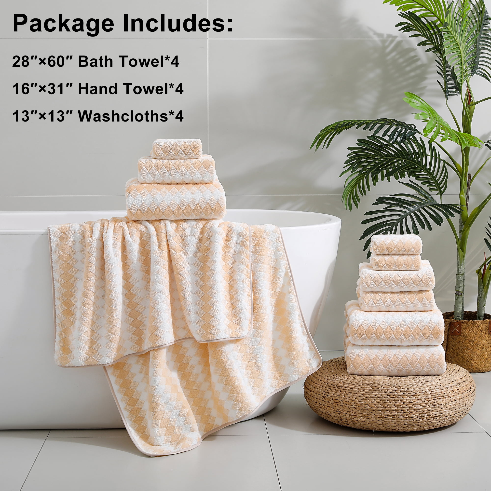 Jessy Home 12 Piece Apricot Yellow Towel Set Soft Bath Towel for Bathroom-4 Bath Towels, 4 Hand Towels, 4 Washcloths Highly Absorbent Bath Sheet for Hotel & Spa