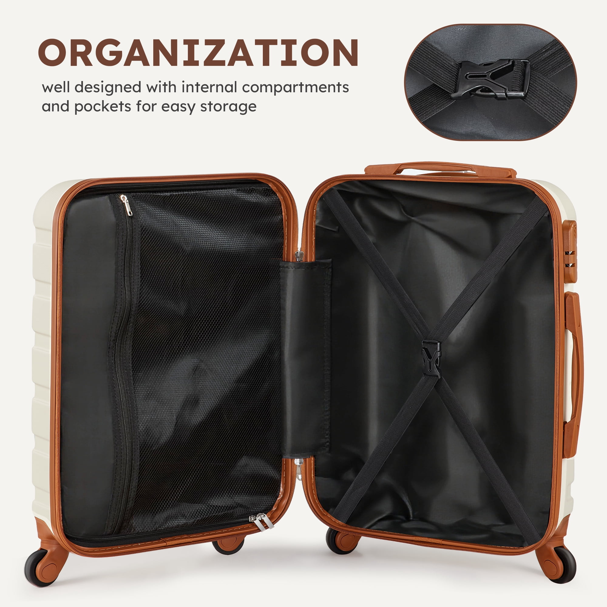 5 Pcs Travel Luggage Sets, 20 24 28 inch Carry-on and Checked Suitcase with Expandable Duffle Bags, White Tan