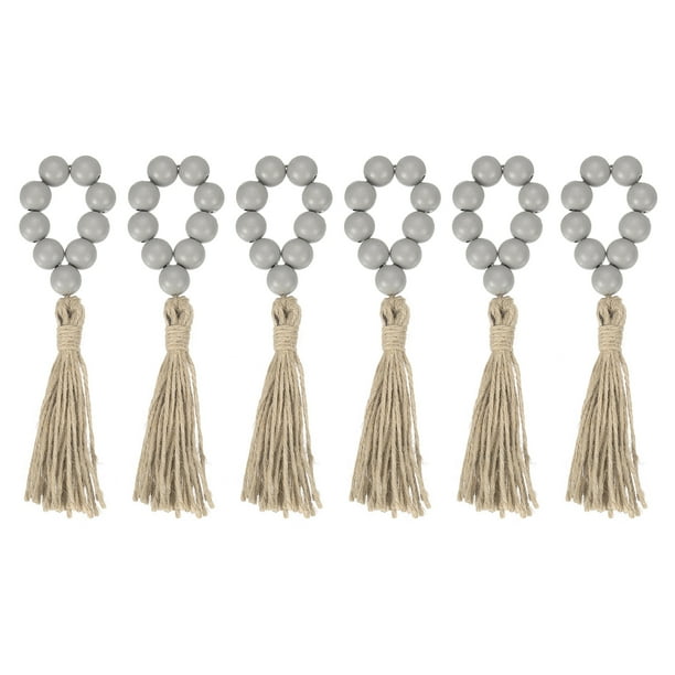 Uxcell 6Pcs Anillos de Servilleta de Perlas de Madera, Hebillos de Perlas de Madera de Estilo Campestre con Borlas de Cuerda de Yute (Gris)