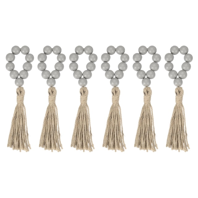 Uxcell 6Pcs Anillos de Servilleta de Perlas de Madera, Hebillos de Perlas de Madera de Estilo Campestre con Borlas de Cuerda de Yute (Gris)