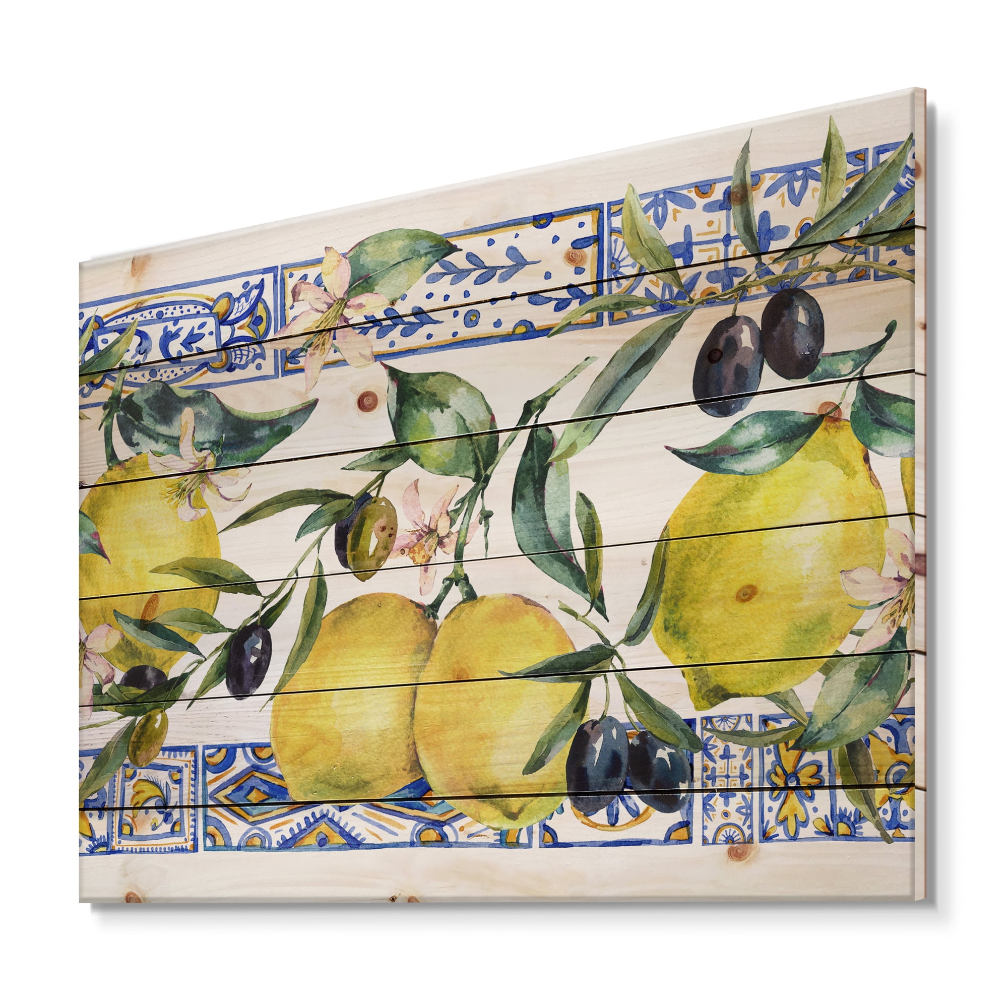 Designart 'Geometrical Pattern of Lemon Ornament On Blue II' Tropical Print on Natural Pine Wood