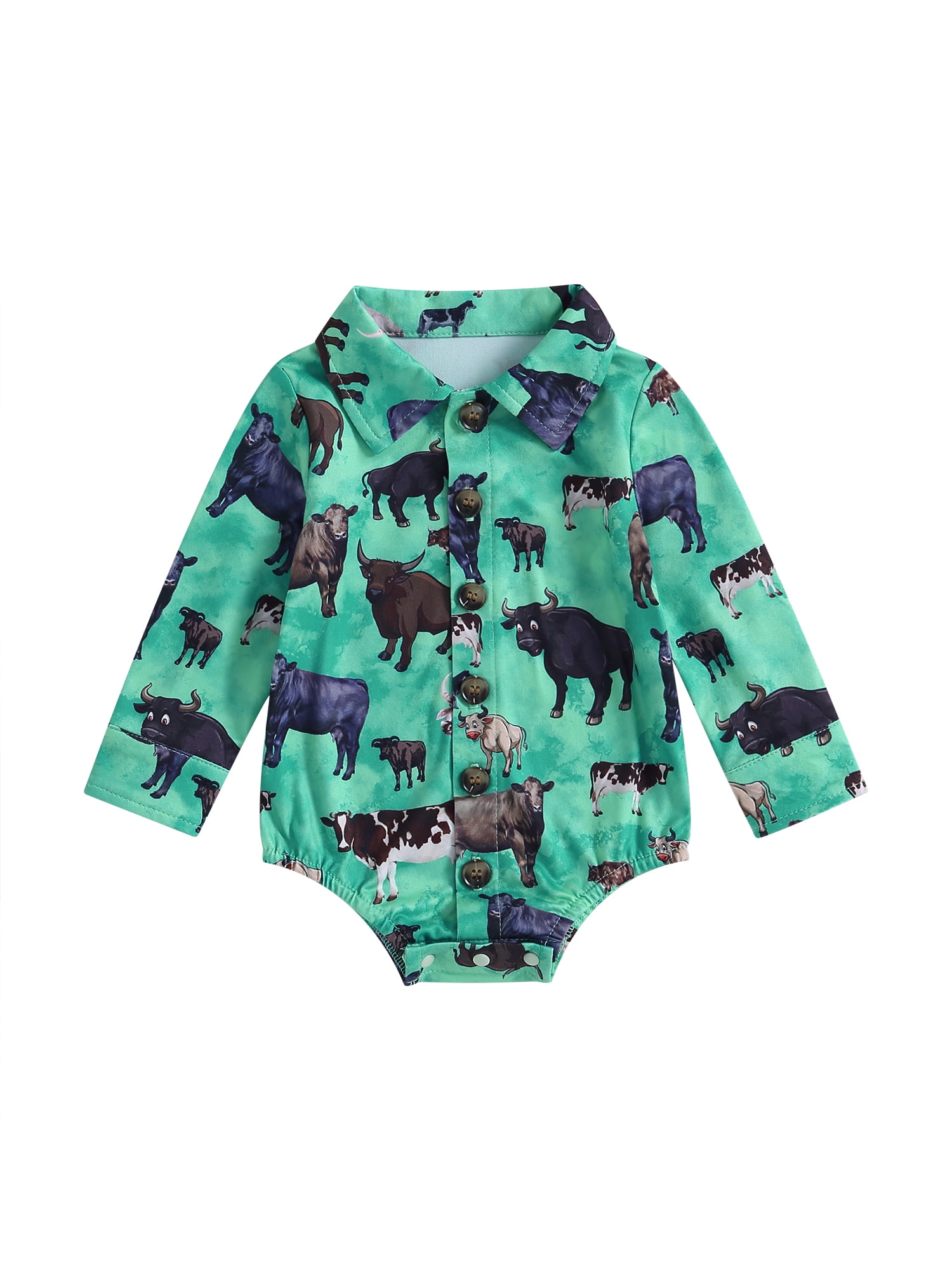 Baby Boy Girl Western Shirts Romper Cute Cow Print Lapel Long Sleeve