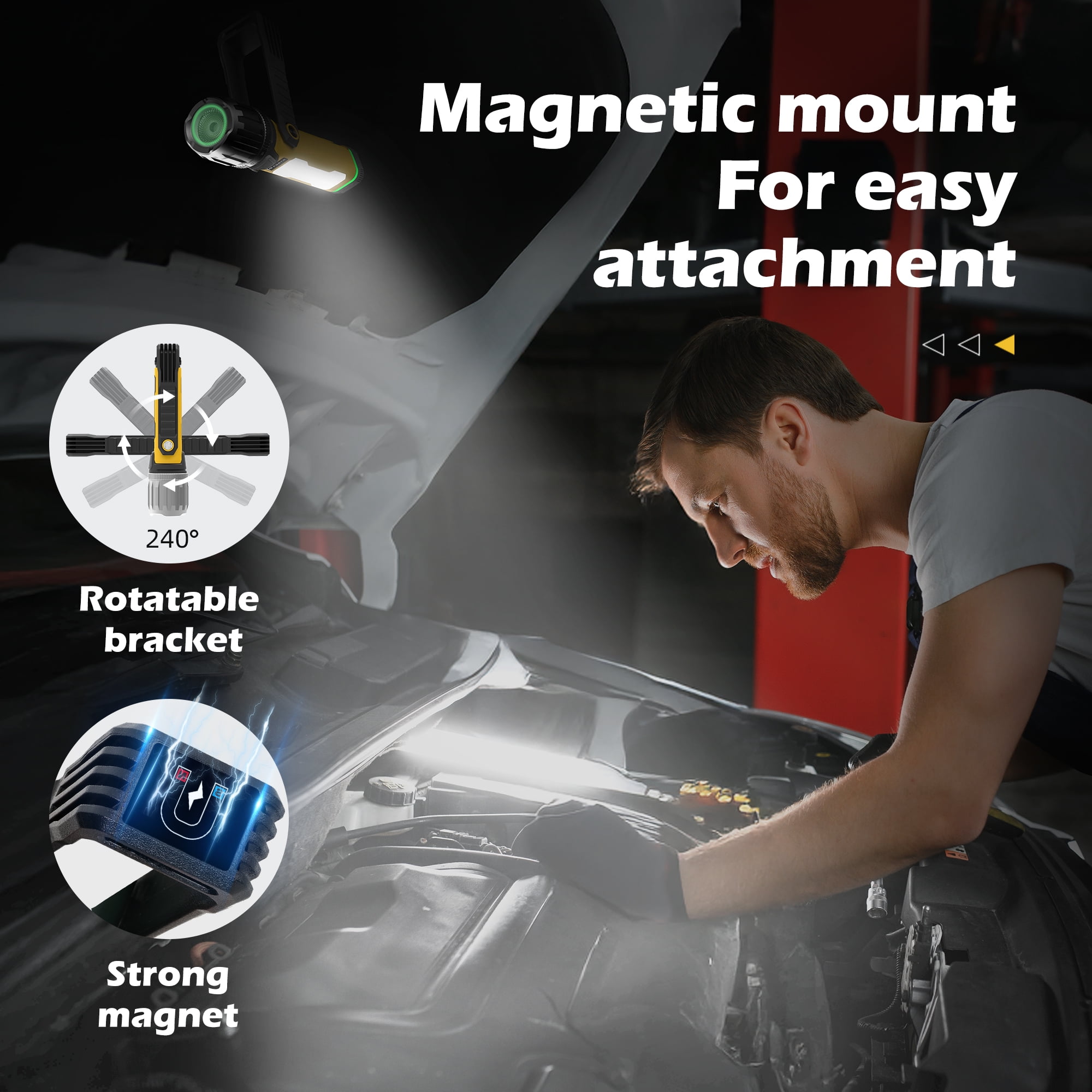FORTO Magnetic LED Work Light, 2000 Lumens Rechargeable Flashlight, IPX8 Waterproof, 5 Modes, for Auto Repair, Garage, Workshop, Roadside Emergency