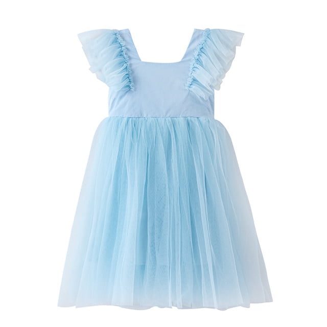 Ashirexll Robes Filles Sans Manches Col Rond Couleur Unie Robe en Mélange de Tulle Longueur Genou Bleu 7-9 Ans