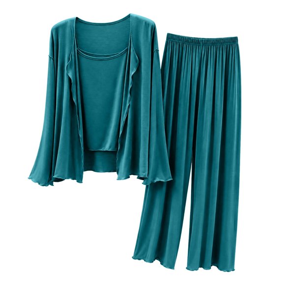 CQXIDFH Womens Pajamas Sets Plus Size 3 Piece Pajama Set Off Shoulder Top Cardigan with Pants Pockets Loungewear Comfy Soft Sleepwear
