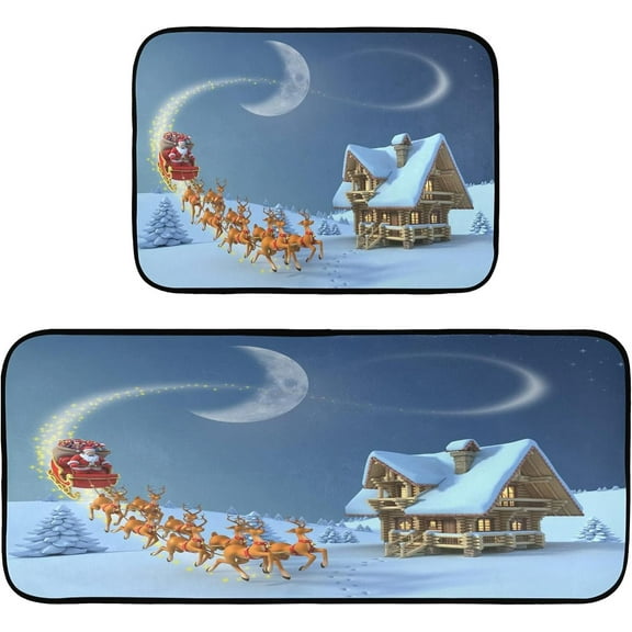 GZHJMY Kitchen Rugs Door Mat 2PCS,Santa Claus Rides A Reindeer Sleigh Carpet Front Entrance Non-Slip Relieve Fatigue Washable Floor Mat for Christmas Kitchen Bedroom Porch