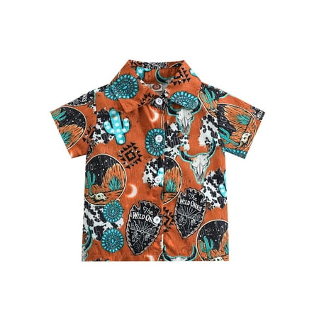 

Toddler Baby Boys Button Down Shirt Cow Printed Lapel Short Sleeve T-Shirt Tops Western Cowboy Casual Tee Clothes