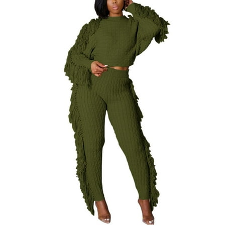 

QIIBURR Women Fashion Casual Clothes Solid Color Two Piece Knitted Long Sleeve Tassel Outfits