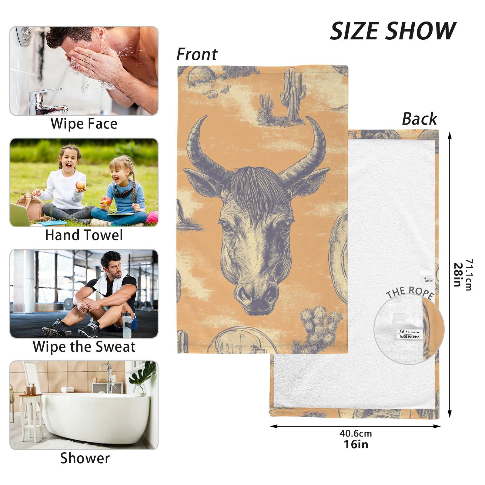 Cow Face Wild Hand Towels Cotton Bath Towels Large Face Towels Absorbent for Bathroom 2 Packs