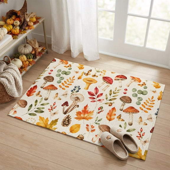 Rectangle Rug 2x3ft, Autumn Botanical Mushroom Leaves Soft Non-Slip Washable Felt Carpet Pad, Thanksgiving Plants Area Rugs for Living Room Bedroom Kids Room