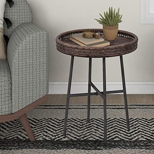 Wicker End Table Round Side Table with Metal Cross Legs Indoor Outdoor Coffee Table Espresso$$Garden & Patio