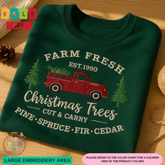 Farm Fresh Christmas Trees Embroidered Sweatshirt – Vintage Red Truck & Pine Tree Design, Forest Green Holiday Crewneck, Rustic Winter Gift