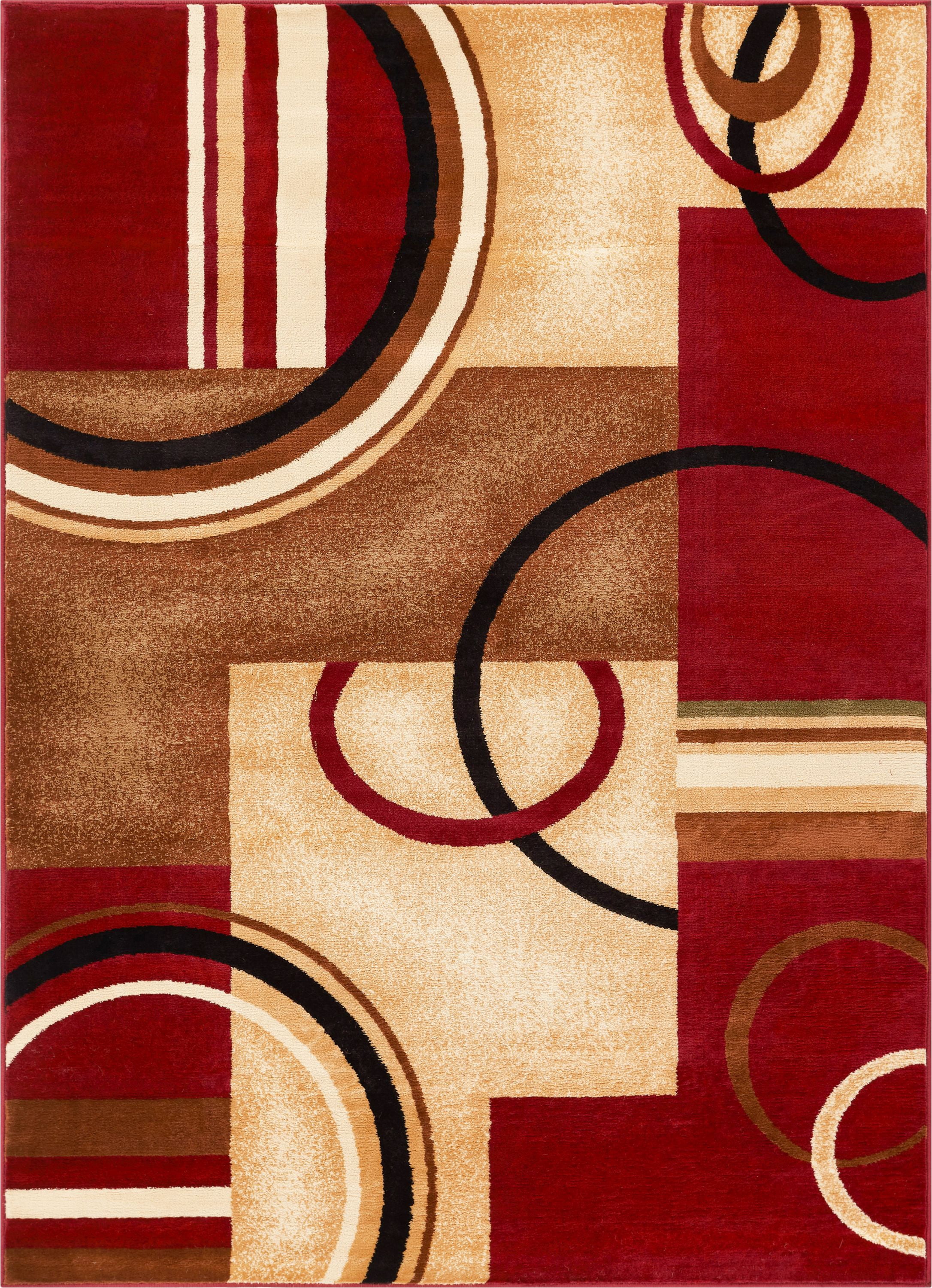 Well Woven Deco Rings Red Ivory Light Blue Geometric Modern Casual Area Rug Easy to Clean Stain Fade Resistant Shed Free Abstract Contemporary Color Block Boxes Lines Soft Living Dining Room Rug