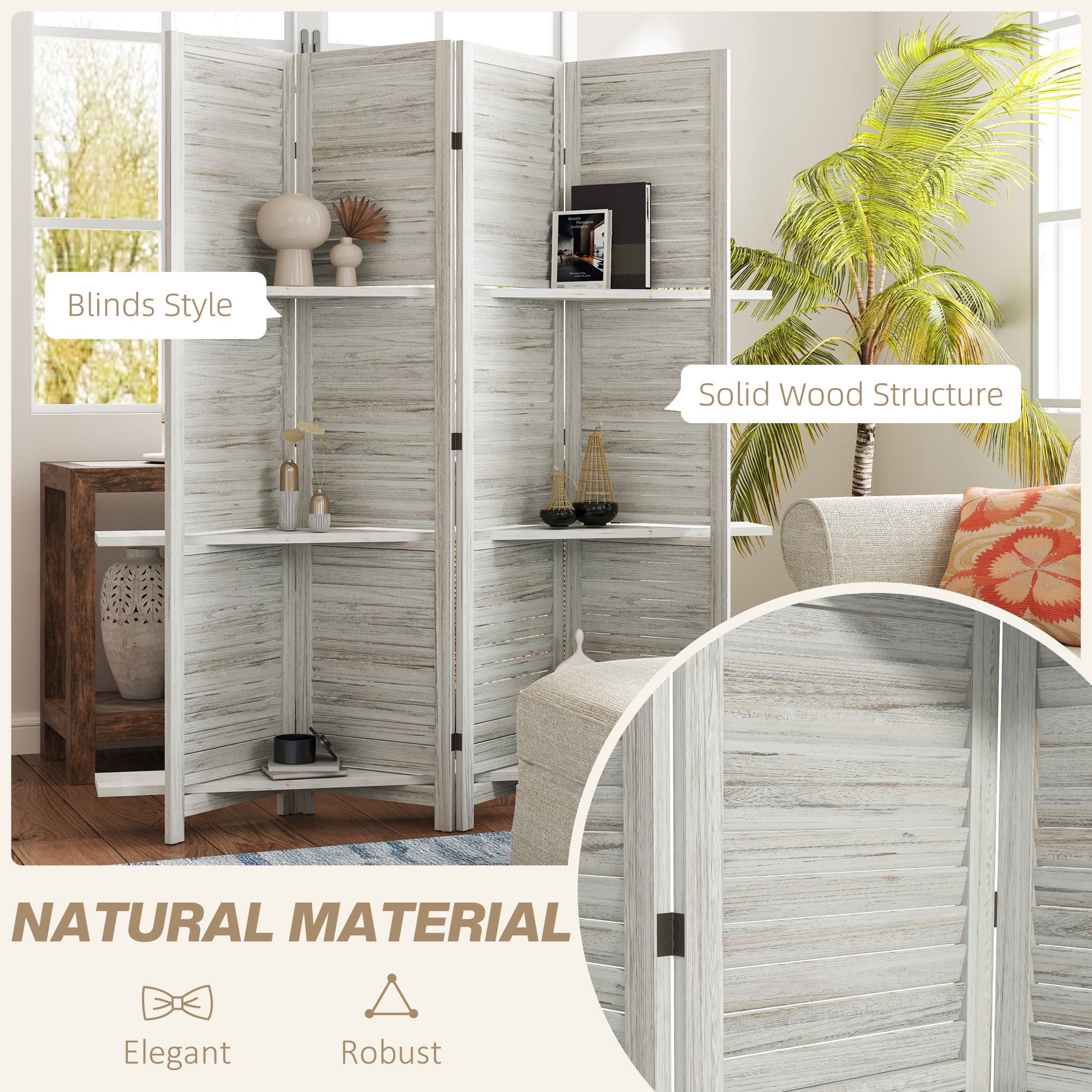 HOMCOM 4 Panel 67" Tall Wood Privacy Screen Room Divider with 3 Display Shelves, and Folding Storage for Bedroom or Home Office, Distressed White