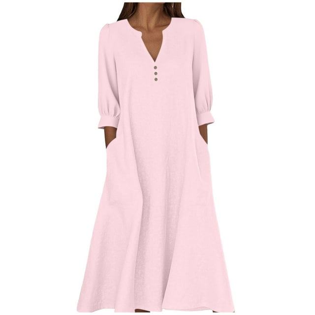 Wdfiry Robe en Coton et Lin pour Femmes Couleur Unie Col Cranté Manches Bouffantes Robe Grande Taille Ample Manches 3/4 Midi