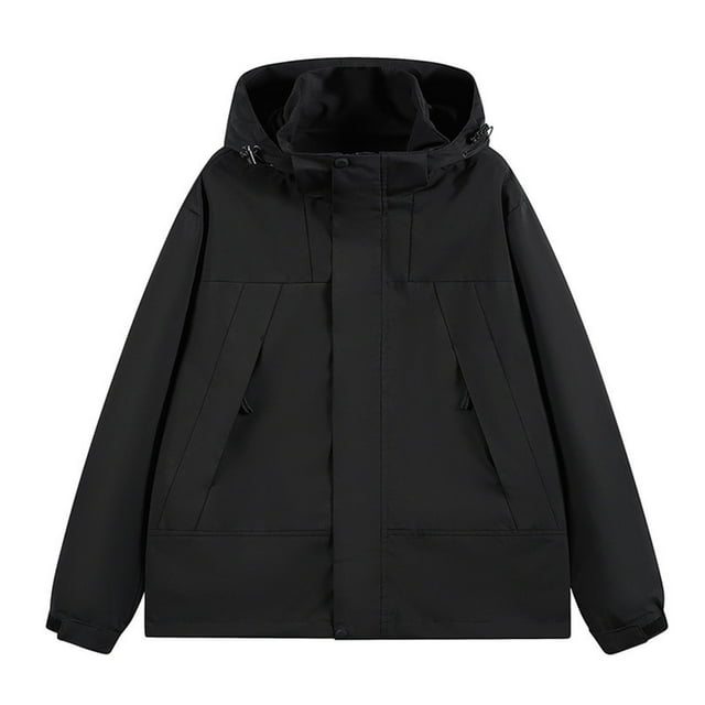 Men's Windbreakers Three-in-one Splice Solid Color Outdoors Mountaineering Wearproof Warm Zipper Multi-pocket Fleece Lnner Lap Coat Long Sleeve Jacket Windbreaker Jackets for Men Black XL