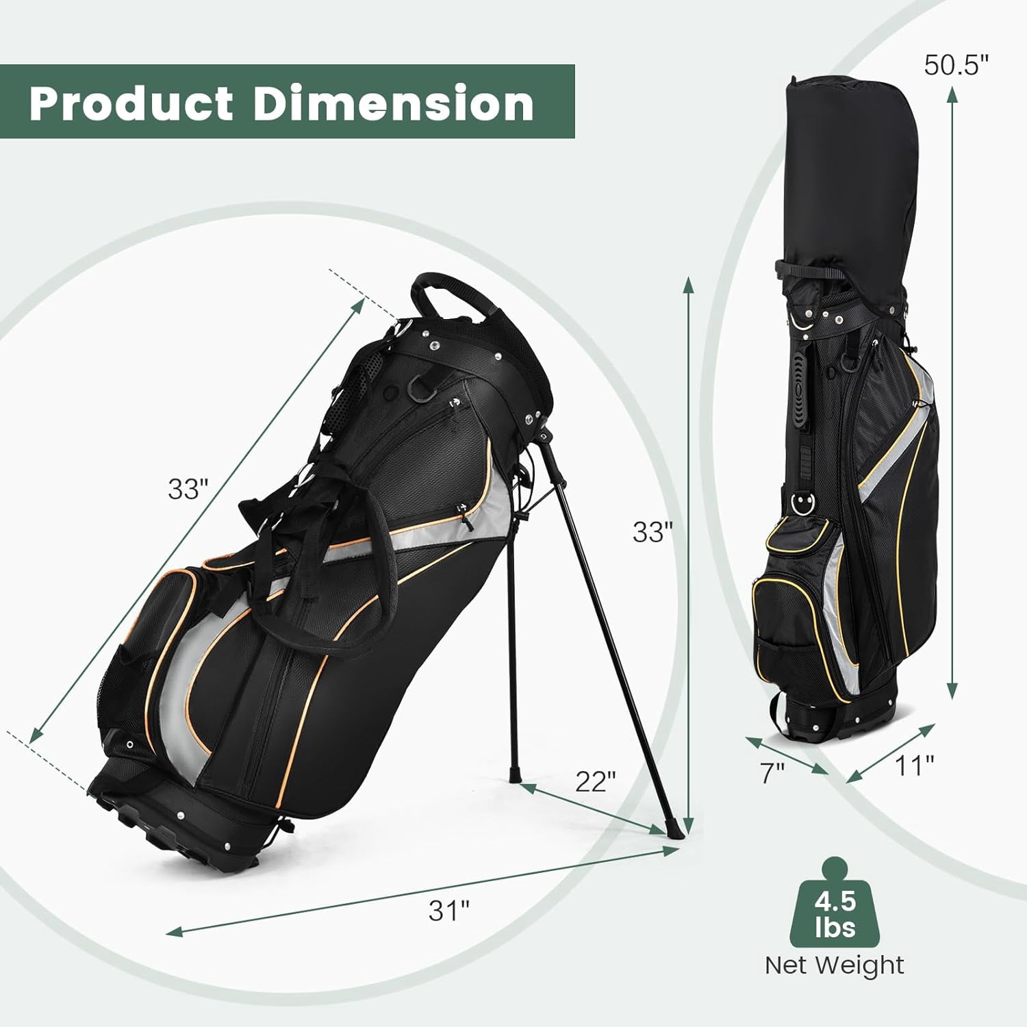NIUMU Golf Stand Bag with 8 Way Top Dividers, Lightweight Golf Bag with Detachable Dual Strap & 7 Pockets, Rain Hood, Portable Golf Bag for Men & Women, Black