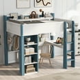 thumbnail image 3 of Generic Full Size Wood Loft Bed with Built-in storage shelves, Clothes rails and desk, White+Blue, 3 of 9