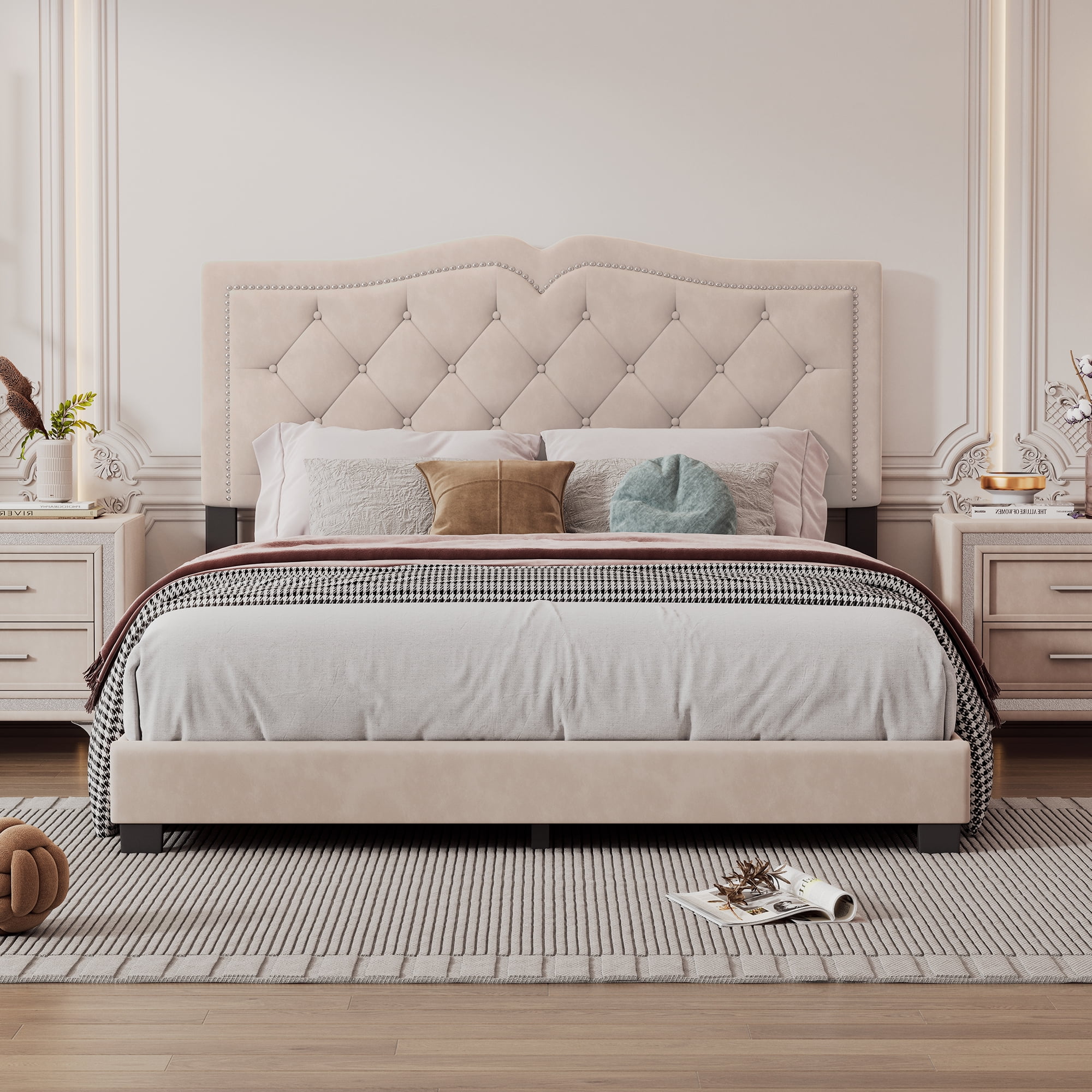 Queen Size Upholstered Bed Frame - Velvet Tufted Headboard with Rivet Design, Beige, 700LBS Capacity, No Box Spring Needed​