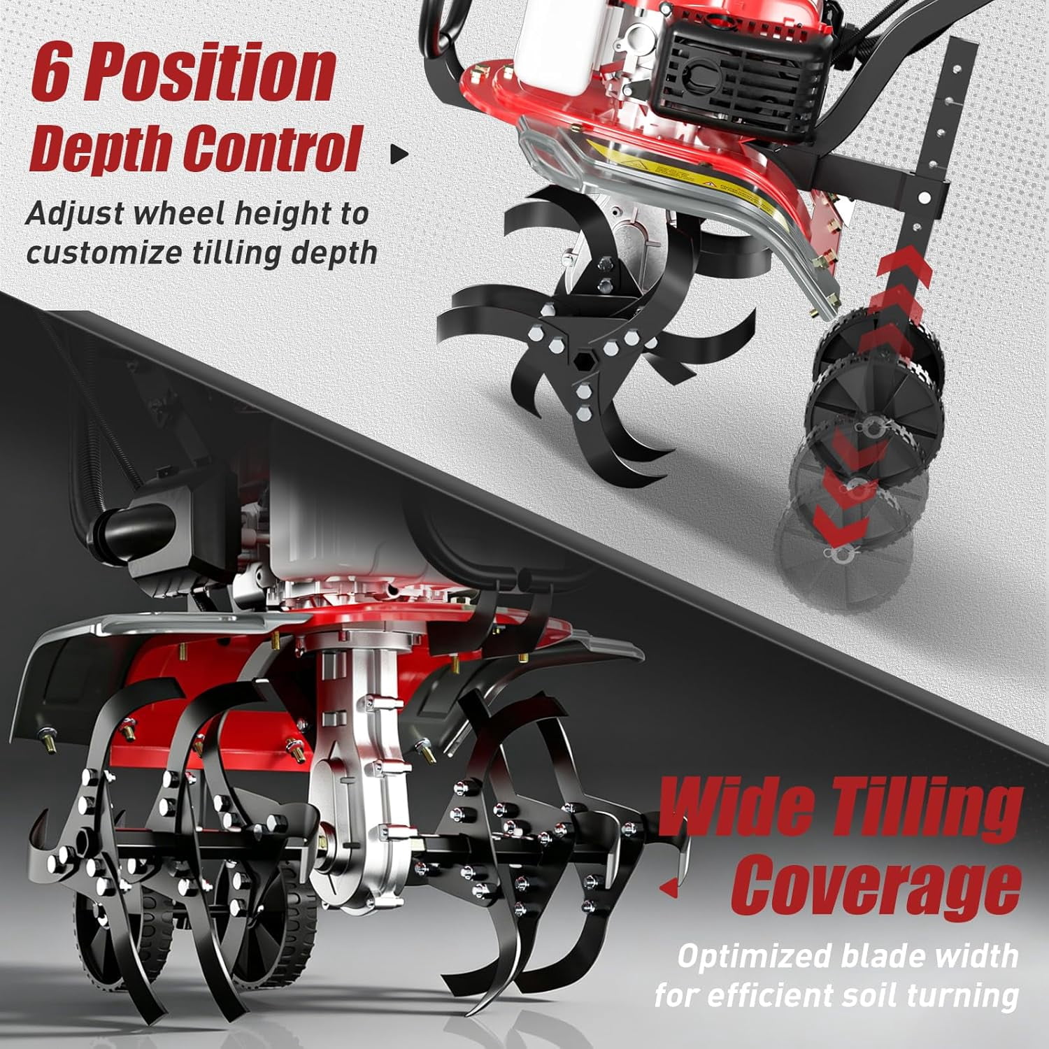 EAYSG 4 Stroke Gas Tiller Cultivator, 1.5KW 7500RPM Heavy Duty Rototiller, 6-Position Adjustable Height, 20" Working Width, 10" Tilling Depth, Gasoline Powered for Lawn Yard Soil Cultivation