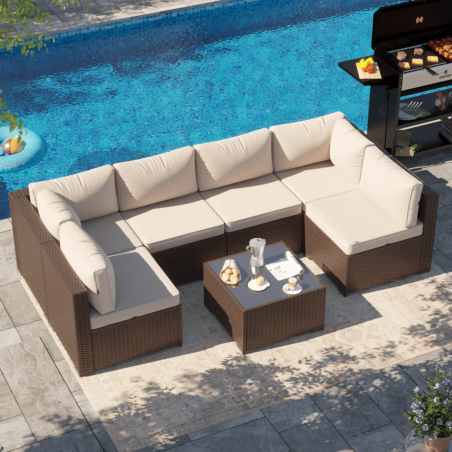 BaPiPro 7 Pcs Patio Conversation Set, Rattan Wicker Furniture Sets, Outdoor Sectional Sofa with Brown Rattan & Thickened Cushion, Beige