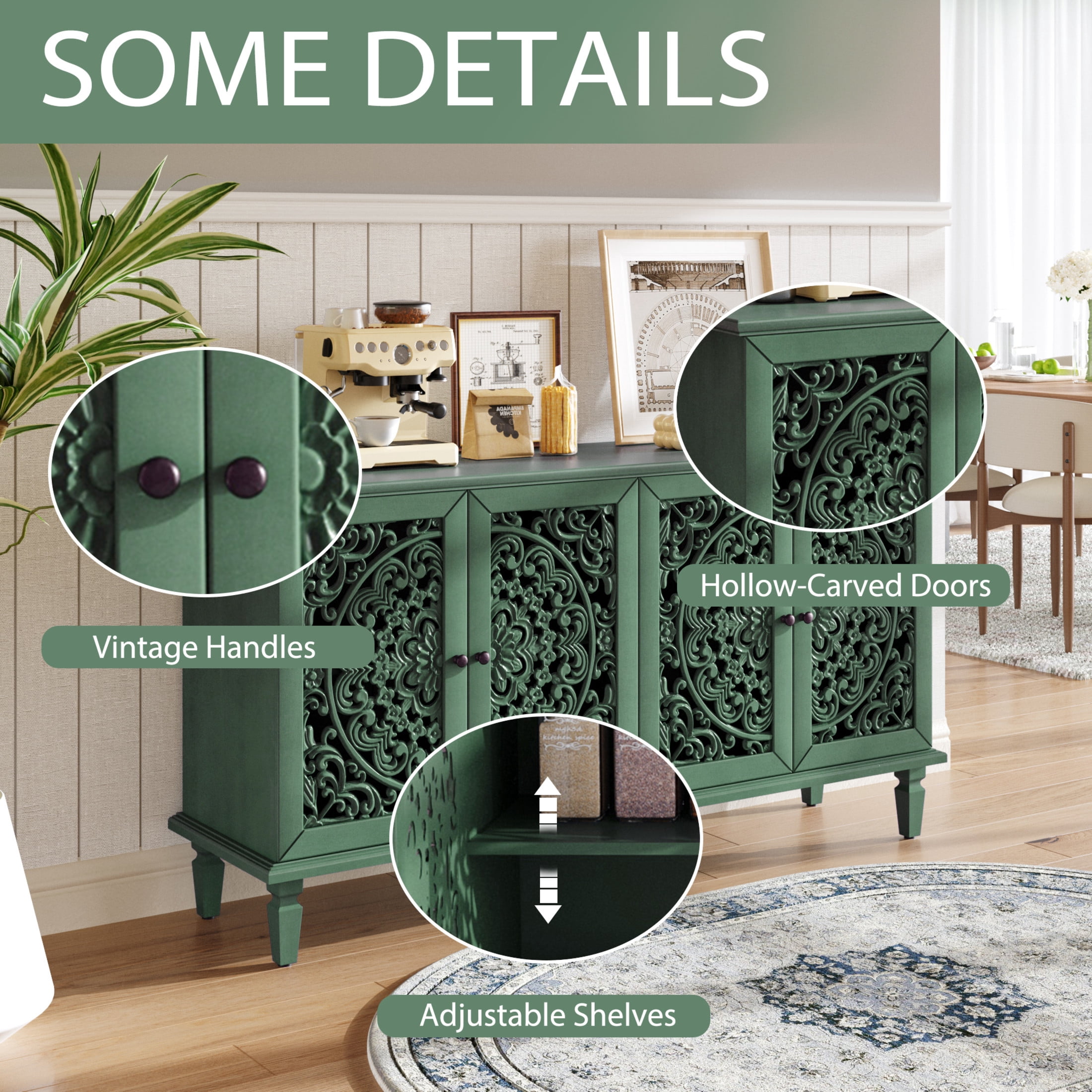 Noble House Sideboard Buffet Cabinet with Floral Carvings, Adjustable Shelves, Solid Wood Legs, and Brass Handles, Vintage Style Storage, Antique Green