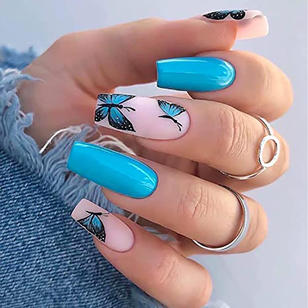 Press on Nails Medium Blue Butterfly Coffin Fake Nails Medium Length
