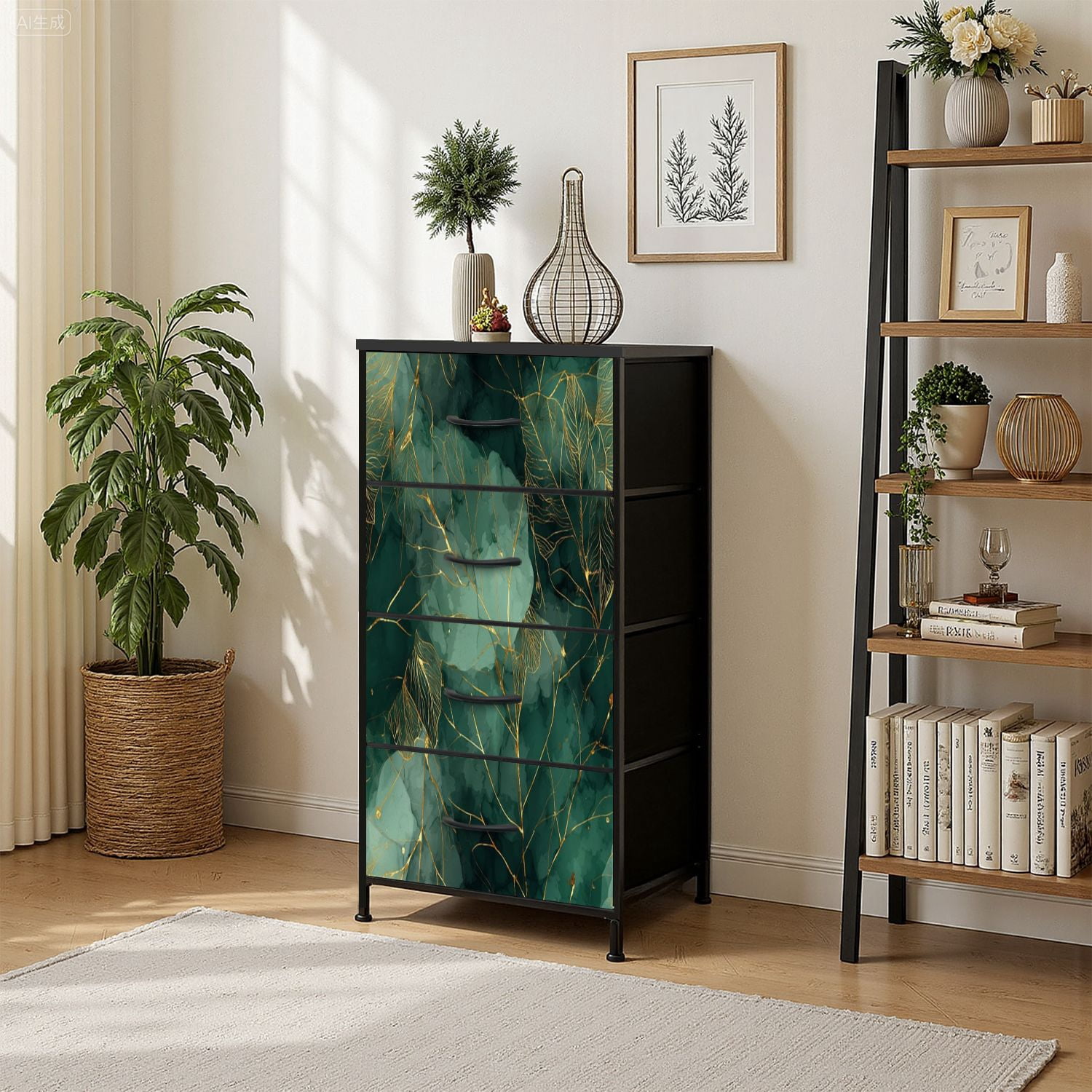 Vintage Dresser for Bedroom with 4 Storage Drawers Abstract Green Gold Botanical Leaves Watercolor Dressers Chest of Drawers Steel Framed Fabric Closet Organizers for Nursery Entryway