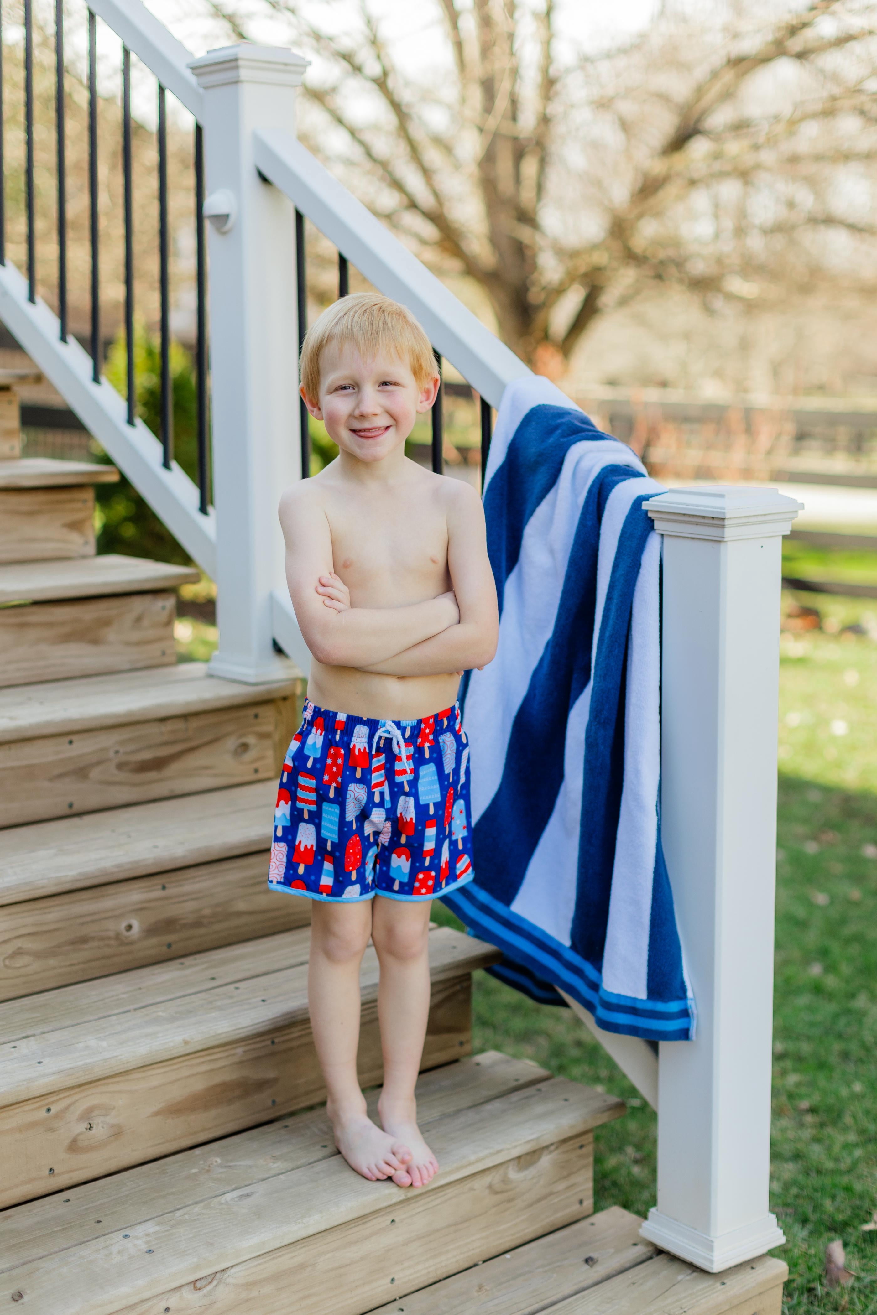 Millie Loves Lily Boys Red, Wht, & Blue Popsicles & Stripe Swim Shorts, Toddler Boys, Size 4T, 2-pcs UPF 50+