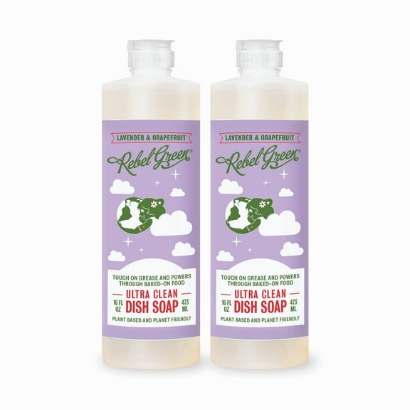 Rebel Green Super Deluxe Dish Soap - Natural Dishwashing Soap - Liquid Dish Detergent - Sustainable Dish Liquid Scented with Lavender & Grapefruit - (16 oz Bottles, 2 Pack)