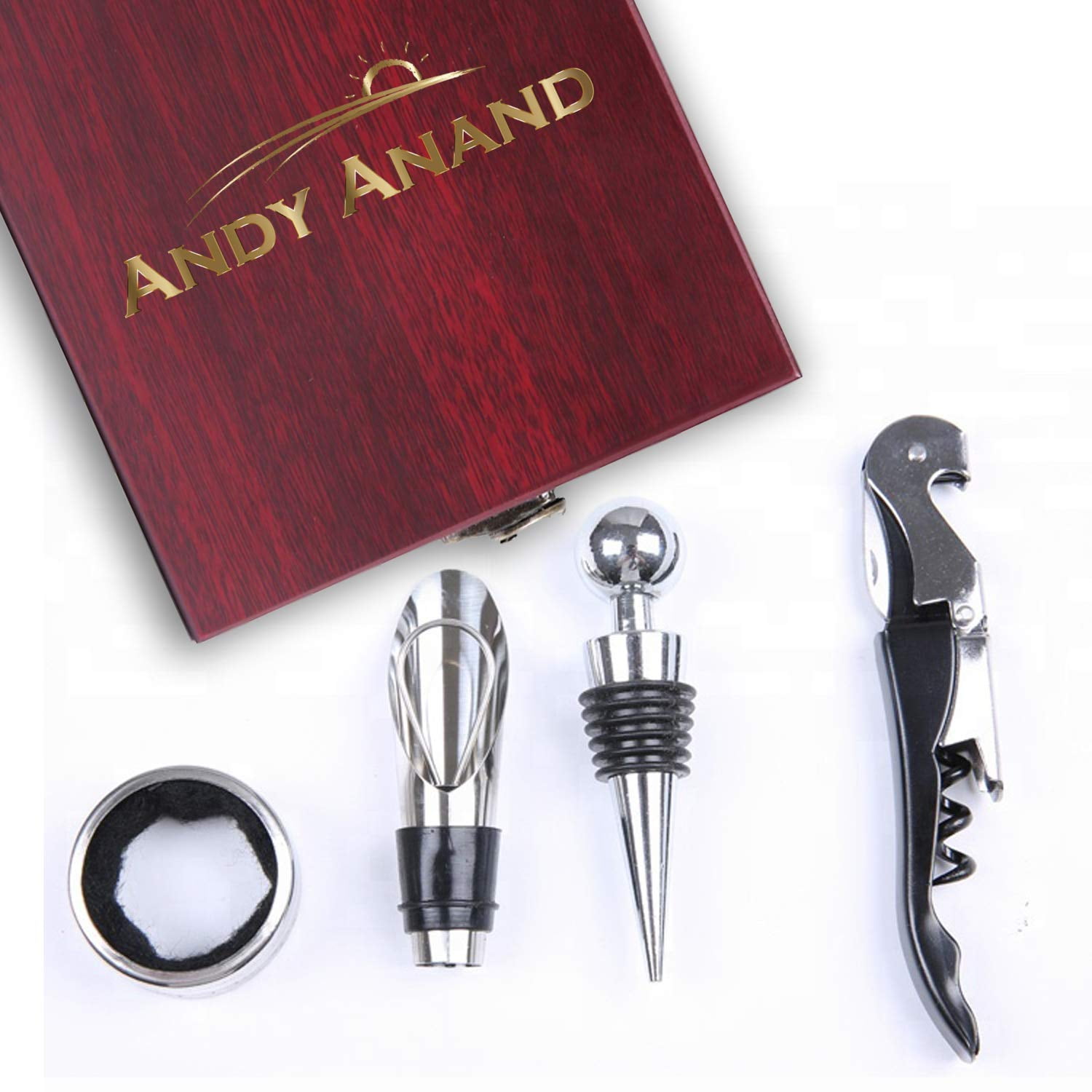 Wine and Bottle Corkscrew Opener Set for Wine Lovers with Pourer and Stopper in Deluxe Mahogany
