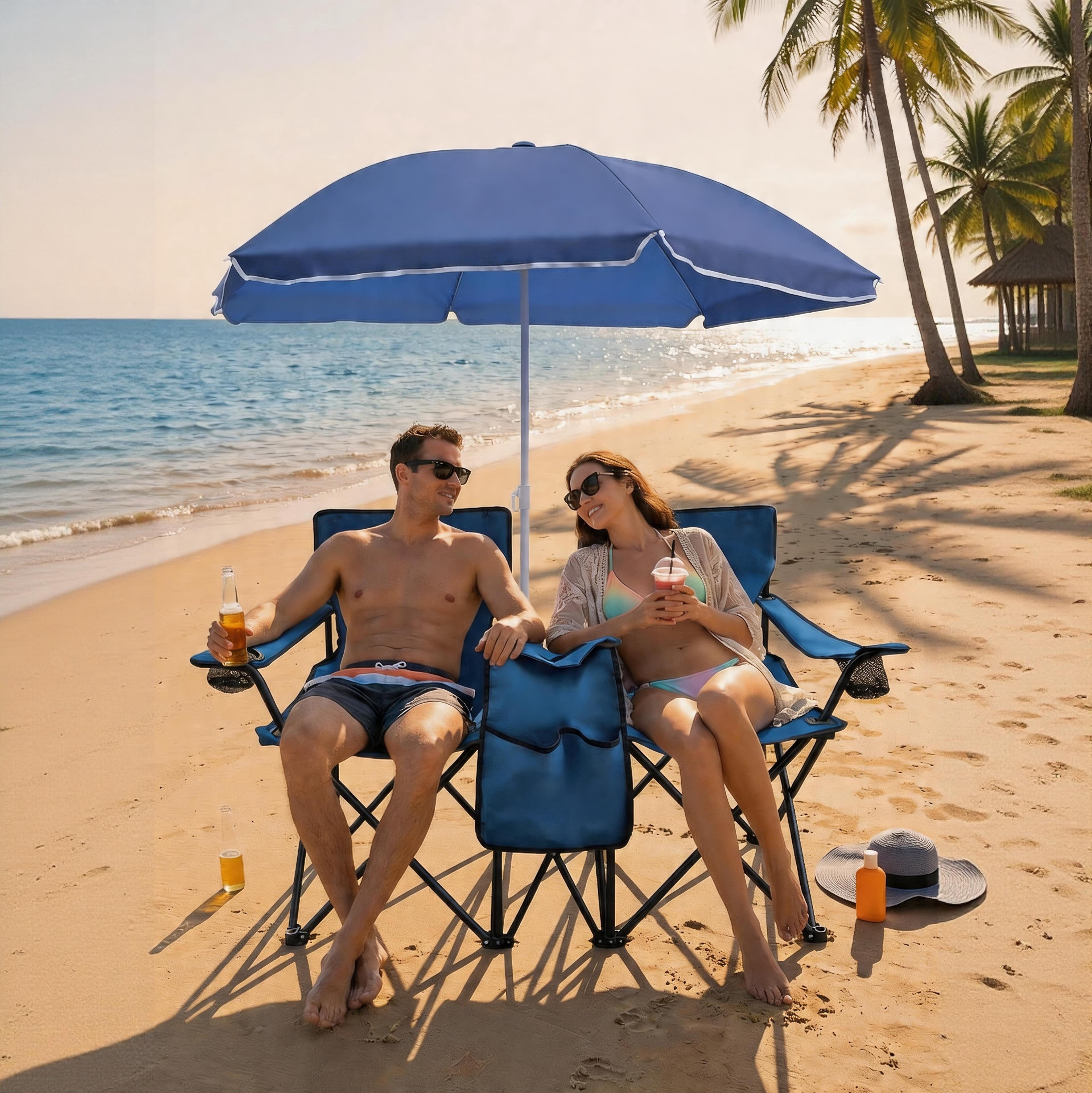 Beach Chair Set with Umbrella Tiltable and Cooler Bag for Outdoor Picnic
